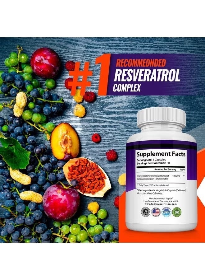 Toplux Resveratrol Supplement 1800 mg Antioxidant Complex - Highly Potent Natural Trans-Resveratrol Pills for Healthy Aging, Overall Health Support, Immune System, Brain Function, for Men Women, 90 Capsules - Image 3